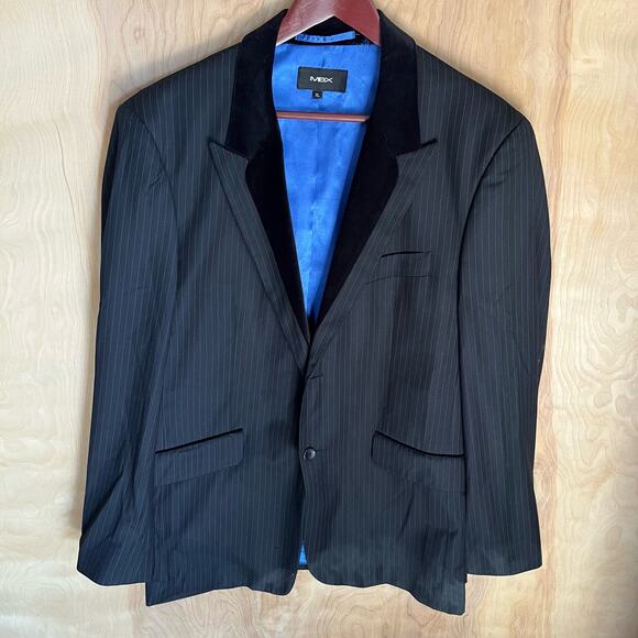 Velour Trimmed MBX Blazer Blue Silky Lined Pin Stripe Mens XL Sports Coat Preppy - Picture 1 of 11